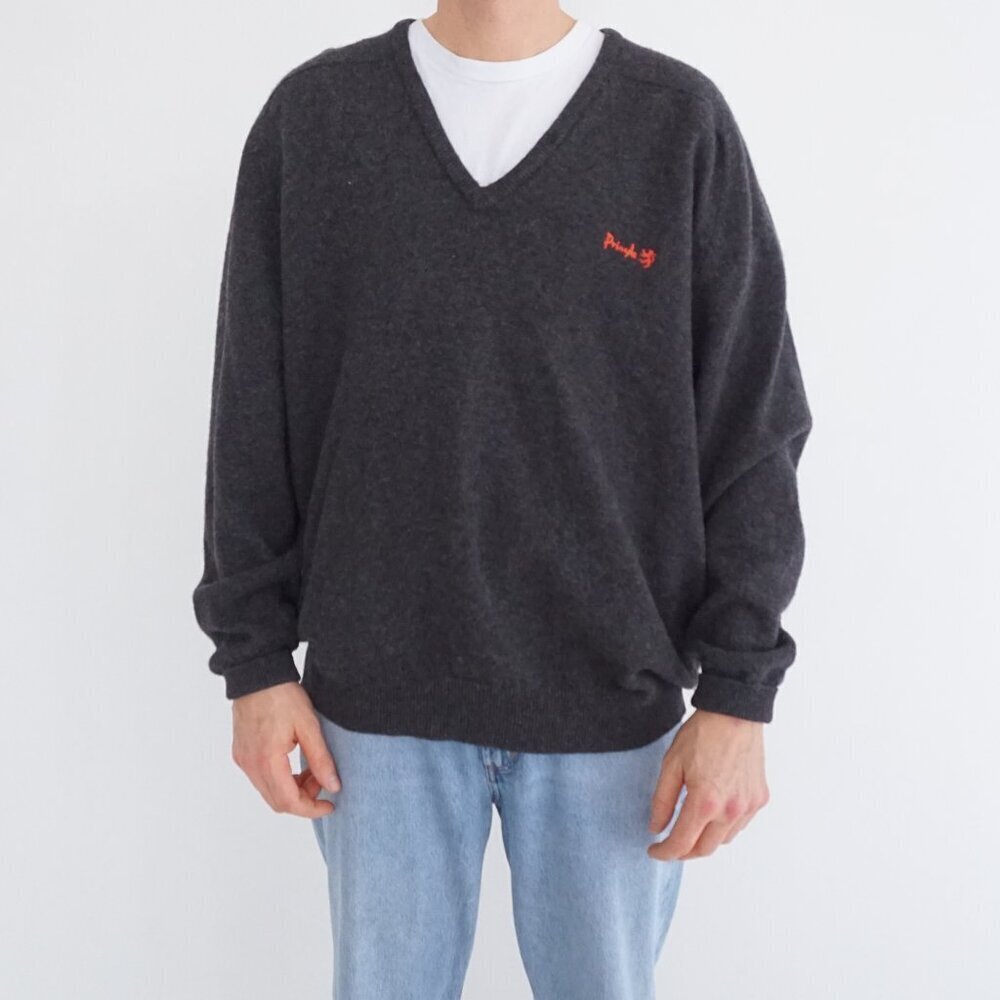 Vintage Pringle Sports Charcoal V Neck Wool Knit Sweater Embroidered Logo Large